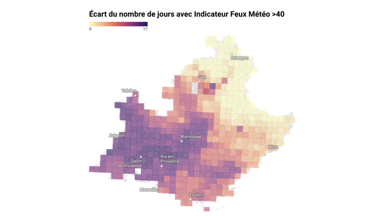 Ecart du nombre de jours avec Indicateur Feux Météo >40 dans la région PACA à horizon 2050, dans un scénario TRACC +2,7°C