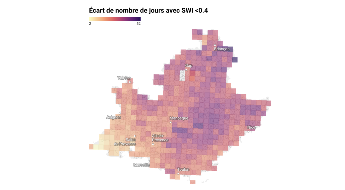 Ecart de nombre de jours avec SWI < 0,4, en région PACA à horizon 2050, dans un scénario TRACC +2,7°C