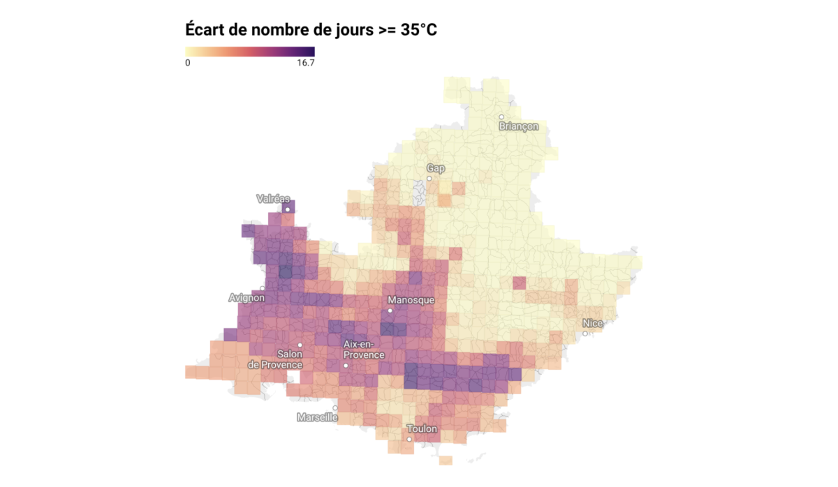 Ecart du nombre de jours >= 35°C en région PACA à horizon 2050 dans un scénario de réchauffement TRACC +2,7°C