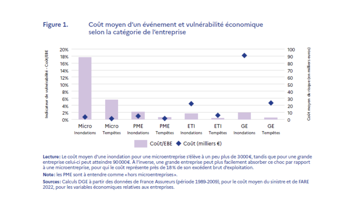 Coût moyen d'un événement (inondation ou tempête) et vulnérabilité économique selon la catégorie de l'entreprise