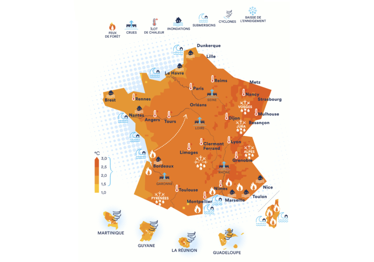 Carte des impacts déjà visibles et à venir d'ici 2050 en France (Ministère de la transition écologique)