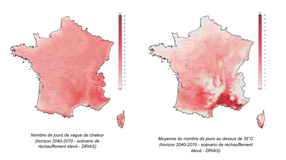 Fortes chaleurs en France à horizon 2040-2070 - scénario de réchauffement élevé - DRIAS